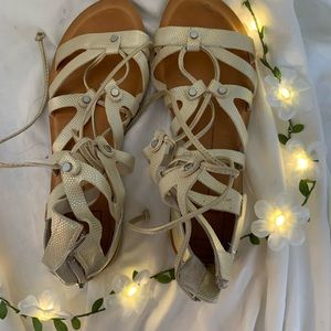 gold gladiator lace up sandals! ♡